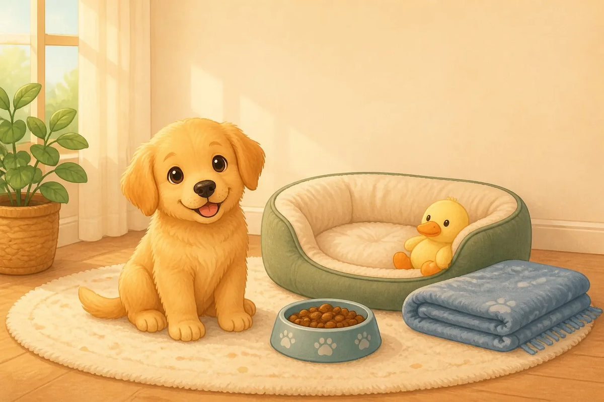 Illustration of a small golden puppy beside a cozy bed with a plush duck toy and food bowl