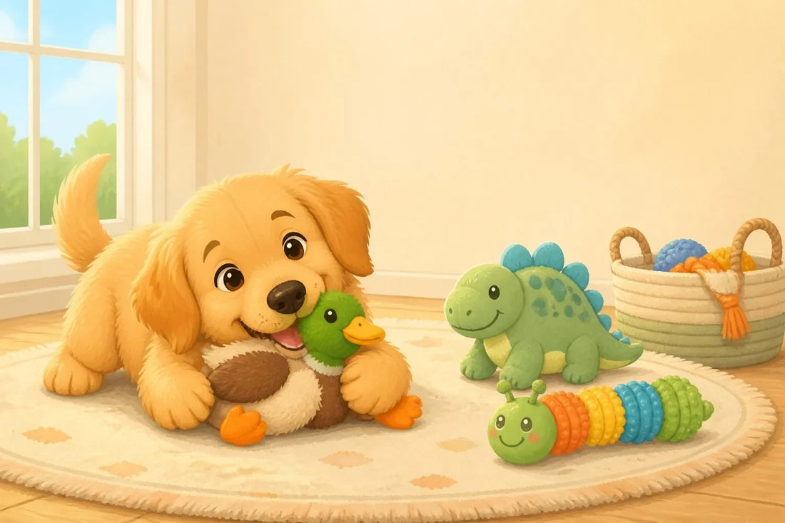 Joyful cartoon golden retriever puppy chewing a plush duck toy with other chew toys nearby
