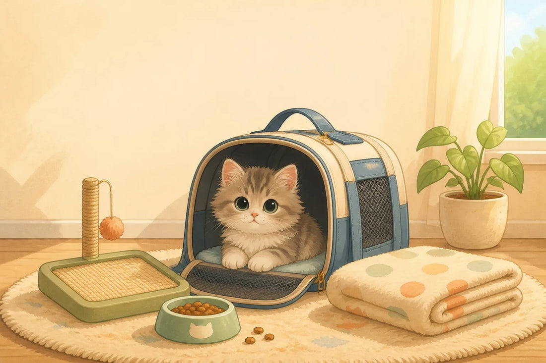 Illustration of a fluffy kitten in a soft carrier bag with a scratching pad, food bowl and blanket