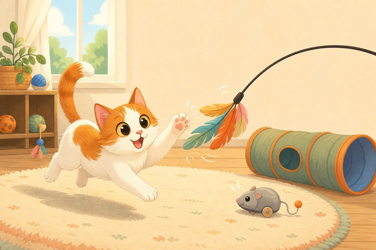 Playful cartoon cat batting a feather wand toy with an interactive mouse and cat tunnel nearby