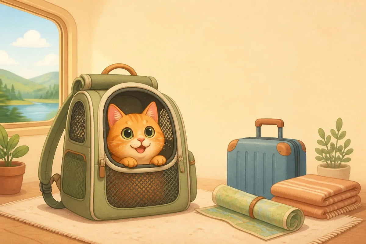 Cozy illustration of a ginger tabby cat peeking from a mesh cat carrier backpack ready for travel