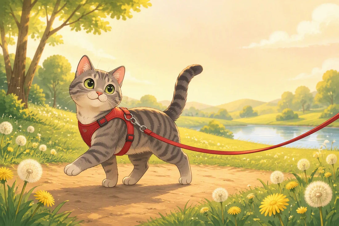 Cheerful cartoon grey tabby cat walking on a red harness and leash through a sunny park
