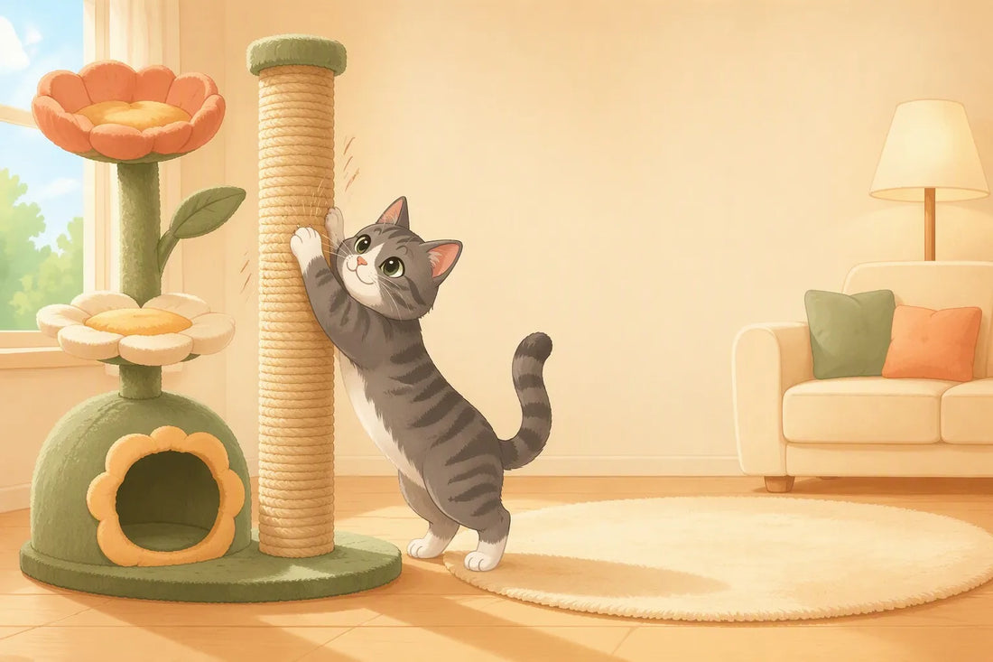 Cartoon grey tabby cat stretching and scratching a tall sisal cat scratching post beside a cat tree